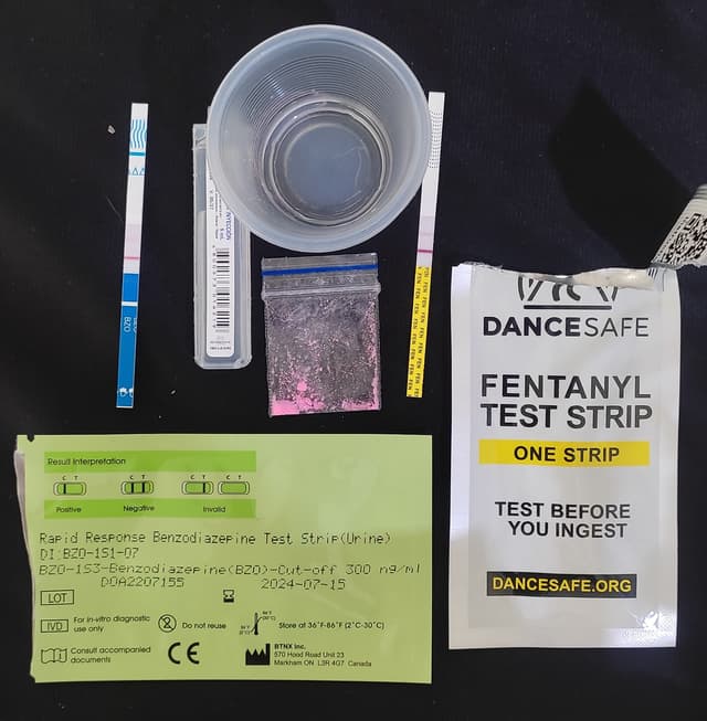 Fentanyl and benzodiazepine test strips used for harm reduction.