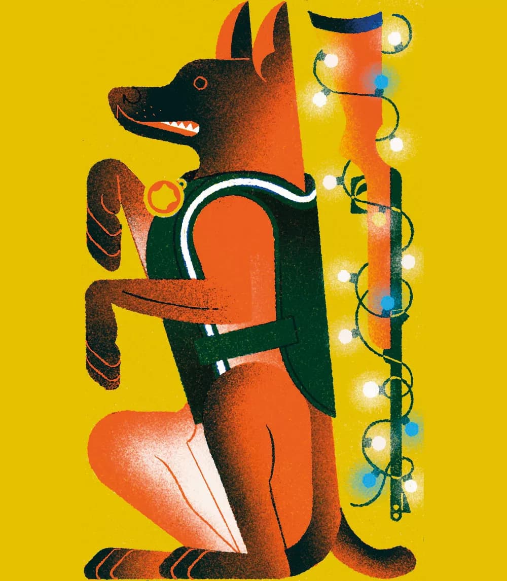 Stylized illustration of a police dog in a vest, sitting next to a baton that is wrapped in festive lights.