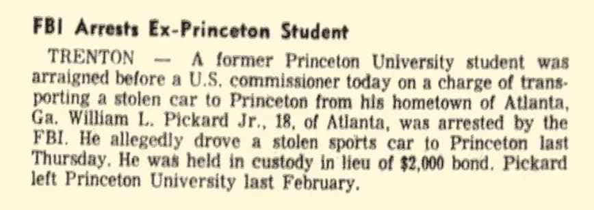 A caption of the newspaper where Pickard, then a Princeton student, was arrested for driving a stolen car.