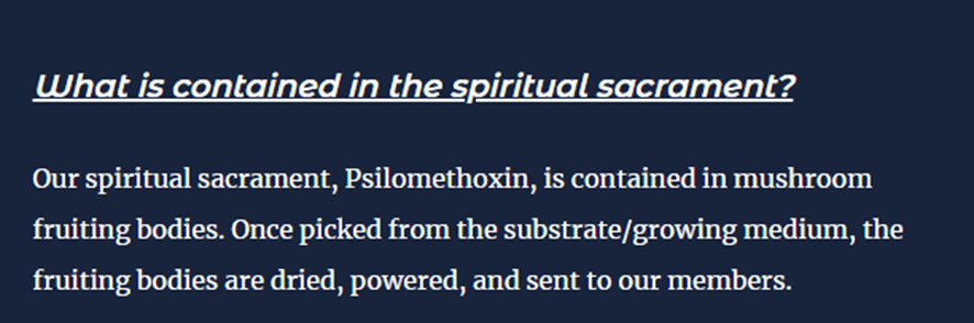 Screenshot of the FAQ from the Church of Psilomethoxin website answering 'what is contained in the spirituals sacrament?'